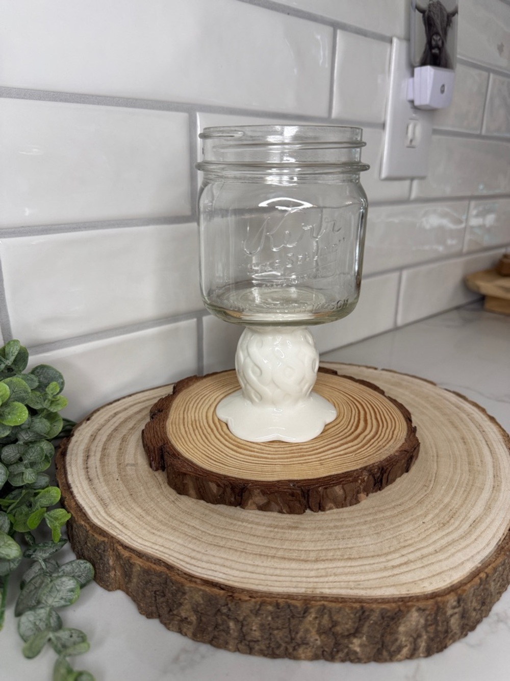 Clear Mason Jar with Decorative White Ceramic Base